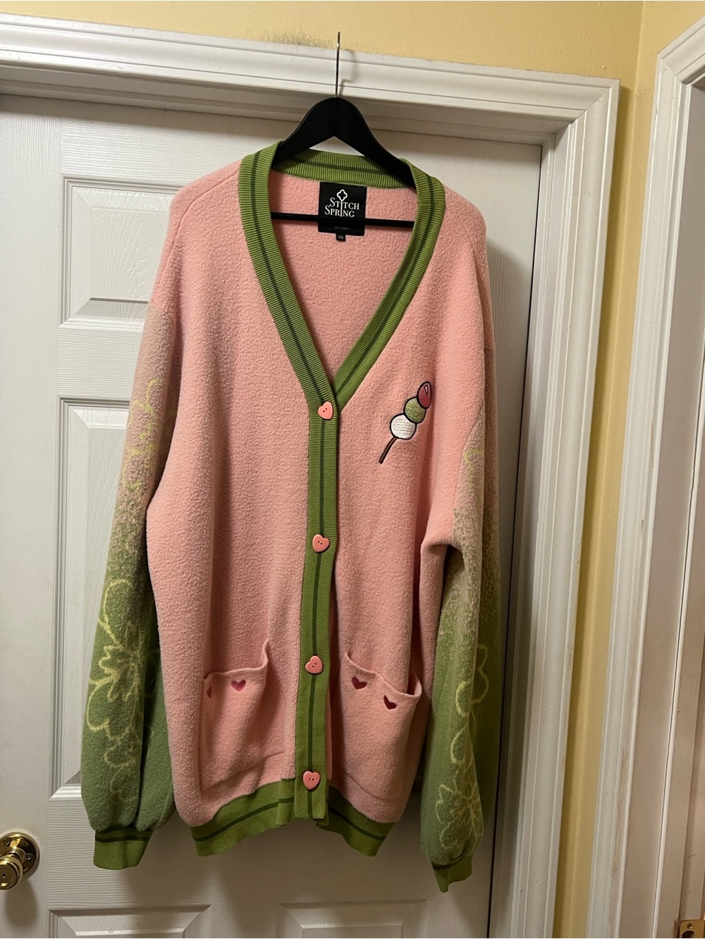 Pink & Green Heart-Button Cardigan
